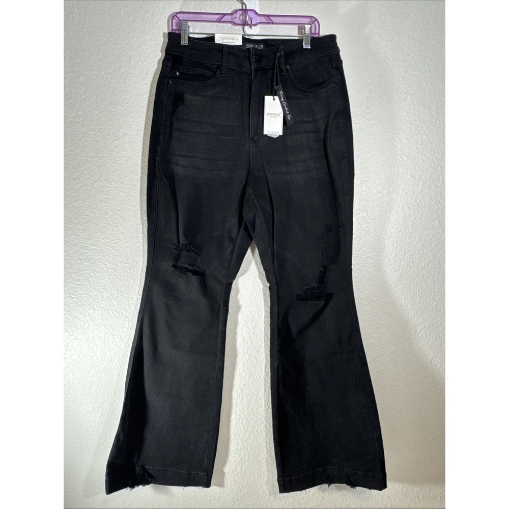 NWT Judy Blue Black Flare Jeans 14W Eclipse High Rise Tummy Control Distressed
